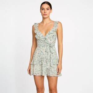 Windsor Romantic Blue Sleeveless Floral Ruffled Chiffon Mini Skater Dress Size S